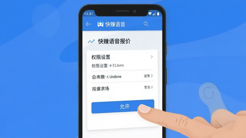 画面主体是一部安卓手机,屏幕上显示快赚语音报价软件的权限设置界面,旁边有手指点击“允许”按钮的动作示意。布局上手机位于画面中央,手指从右侧伸入。排版简洁,风格为扁平化手机界面插画,色彩以蓝色和白色为主,细节上界面元素清晰。画质清晰,干净,无多余元素。