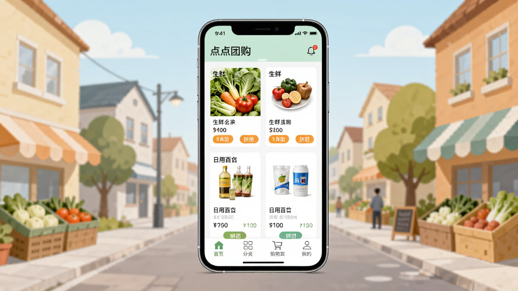 �����������ֻ���Ļ����Ļ����ʾ����Ź�APP��ҳ���棬�����ʹ��ߺ����ðٻ�����Ʒ��Ƭ���ײ�����ҳ�����ࡢ���ﳵ���ҵ��ĸ�����ͼ�꣬��������ܰ�������ֵ�����������Ϊ�����ֻ�չʾͼ���Ű���У����Ϊ���±�ƽ��UI�廭��ϸ�ڰ�����Ʒ����ͼ���۸��ǩ��ƴ�Ű�ť�����������ɾ��޶���Ԫ��