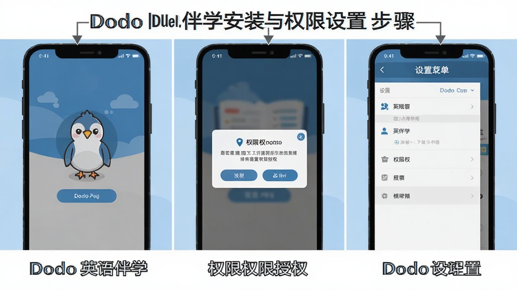 һ��չʾDodoӢ���ѧ��װ��Ȩ�����ò����ʾ��ͼ�������Ϊ���񣬷ֱ���ʾӦ�ð�װ���桢Ȩ����Ȩ���������ò˵���ÿ���м��ı�ע���֡����Ϊ��ƽ���̳�ͼ�⣬ɫ�������׻�Ϊ���������������Ű����룬�޶���װ�Ρ�