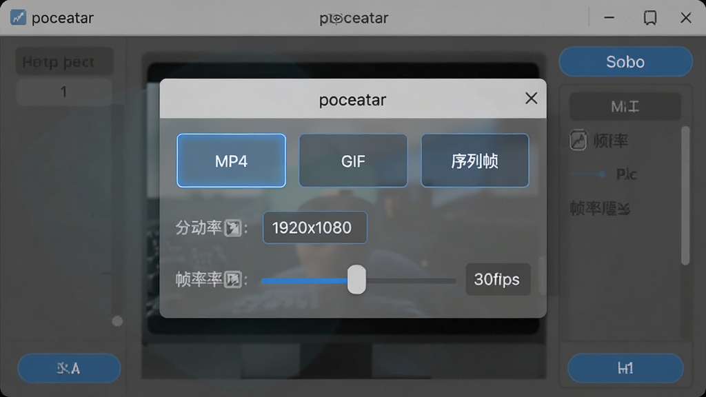 poceatar�������ý���չʾ���������г�MP4��GIF������֡����ѡ��·��зֱ���ѡ��1920x1080��֡��30fps�ĵ��ڻ��飬���沼����������ť������ʾ��������רҵ��࣬���ʸ���