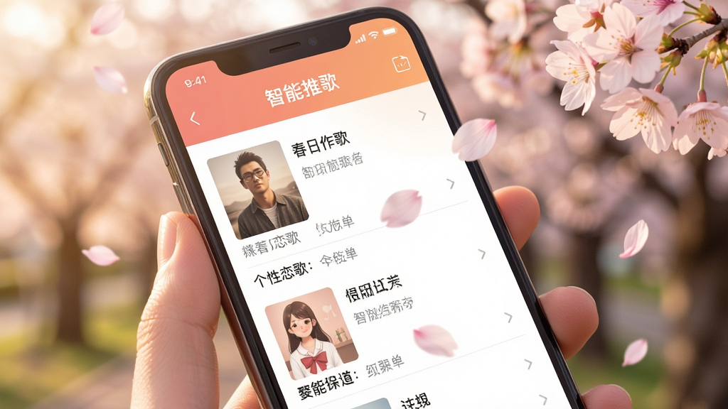 春日恋歌 智能推荐界面 手机屏幕 音乐列表 个性化歌单 樱花花瓣飘落 暖色调 简洁排版 高清画质 干净无多余元素