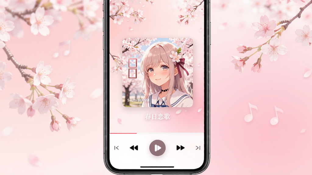 春日恋歌 软件主界面 手机屏幕 音乐播放器 粉色樱花主题 柔和渐变背景 中心显示专辑封面 底部播放控制栏 干净清爽 无多余元素 高清画质