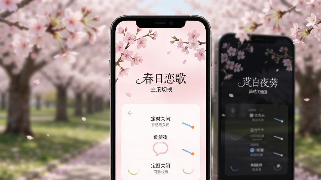 春日恋歌 主题切换界面 手机屏幕 多种配色方案 定时关闭设置 樱花粉主题 暗夜黑主题 简洁设置页面 高清画质 无多余元素