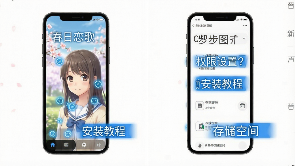 春日恋歌 安装教程 手机屏幕 步骤图解 权限设置 存储空间 简洁排版 蓝色高亮标注 高清画质 干净无多余元素