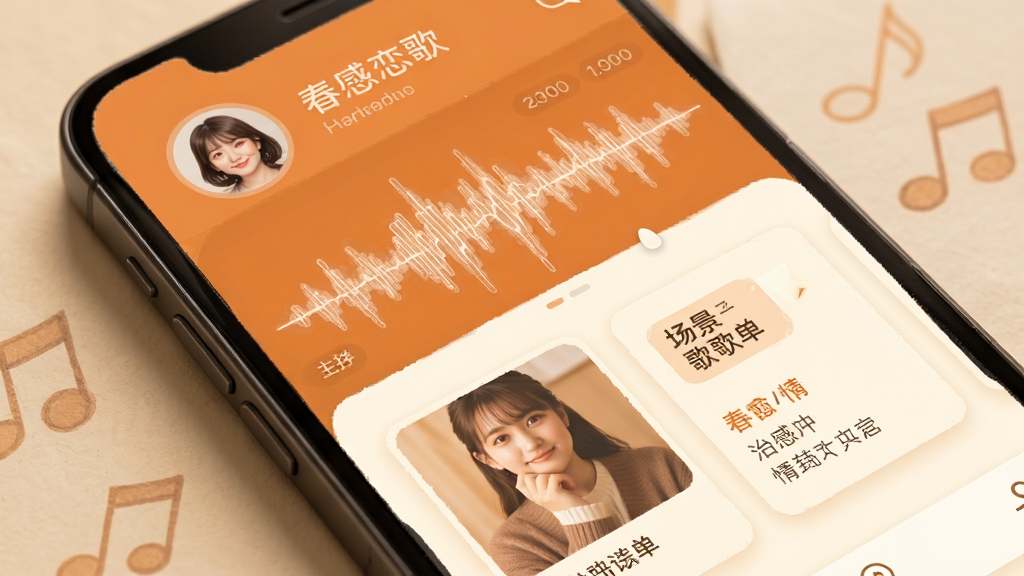 春日恋歌 情感电台界面 手机屏幕 主播头像 波形图 场景歌单卡片 暖橙色与米白色搭配 温馨治愈风格 高清画质 干净无多余元素
