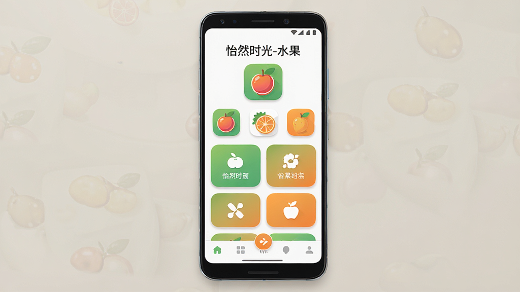 主体为一部安卓手机正面展示,屏幕中显示怡然时光-水果应用主界面,上方标题文字