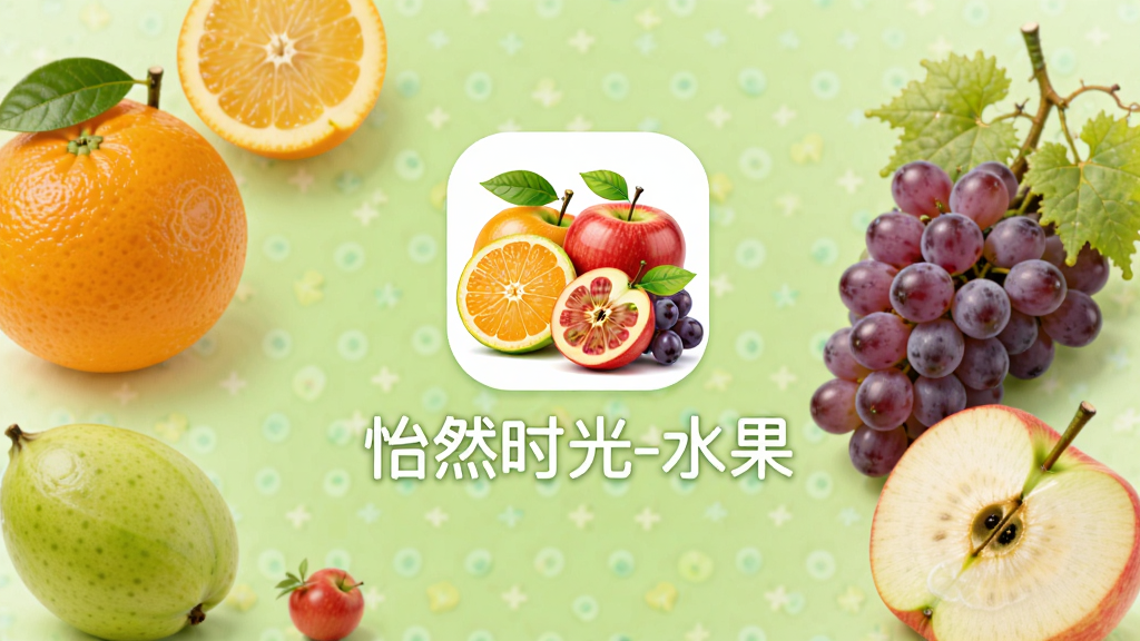 主体为怡然时光-水果应用启动画面,布局为居中展示应用LOGO与名称,排版为竖版手机屏幕比例,风格为清新水果主题配色,细节包括橙子、苹果、葡萄等水果元素点缀,画质高清干净无多余元素,画面中文字