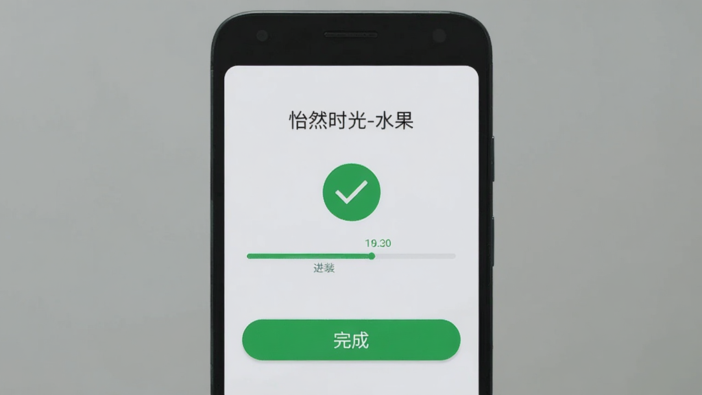 主体为安卓手机屏幕显示怡然时光-水果安装完成界面,布局为居中展示安装进度条与完成按钮,排版为竖版手机界面,风格为简洁系统UI风格,细节包括绿色对勾图标、圆角按钮、浅灰背景,画质高清干净无多余元素,画面中文字