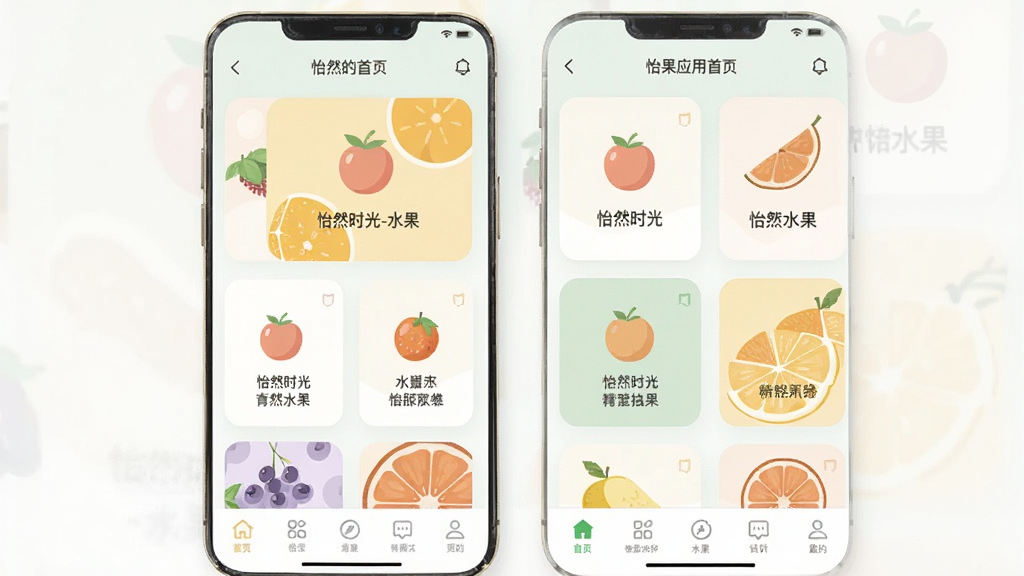 主体为怡然时光-水果应用首页界面截图风格,布局为手机屏幕内展示多个功能卡片,排版为两列网格排列,风格为清爽扁平化UI,细节包括水果图标、圆角卡片、浅色背景、底部导航栏,画质高清干净无多余元素,画面中文字
