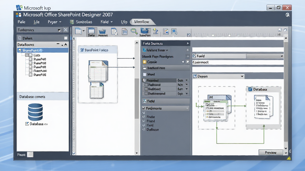 һ��չʾ Microsoft Office SharePoint Designer 2007 ����Դ�󶨹��ܵ�ʾ��ͼ����������Ϊһ����ҳ������ƽ��棬���������Դ�����ʾ SharePoint �б������ݿ����ӣ��Ҳ��Ǳ����ؼ����ֶ�ӳ���ϵ�����Ϊ����Ƽ��У��Ű����ģ�黯���֣�ϸ�ڰ�������Դͼ�ꡢ�ֶ����ߡ�Ԥ����ť�������������ɾ��޶���Ԫ�أ�����Ϊǳ��ɫ���䡣