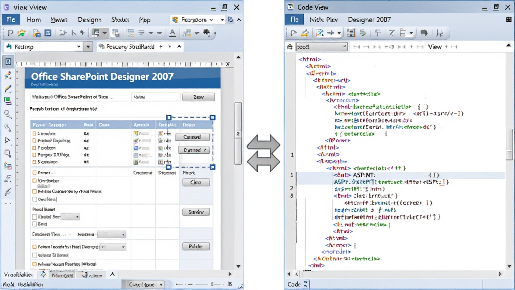 һ��չʾ Microsoft Office SharePoint Designer 2007 ˫��ͼ�༭���ܵ�ʾ��ͼ�������Ϊ���������֣����Ϊ���ӻ������ͼ����ʾһ�����ڱ༭����ҳ���֣�����������������Ͱ�ť�ؼ����Ҳ�Ϊ������ͼ����ʾ��Ӧ�� HTML �� ASP.NET ���롣�м���˫���ͷ��ʾͬ�����������Ϊ����ͼ�⣬�Ű�������ϸ�ڰ������������к������ͼ�е�ѡ�п򡣻����������ɾ��޶���Ԫ�أ�����Ϊ��ɫ��