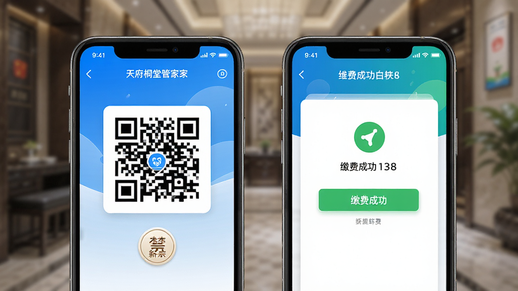 �츮ͩ�ùܼ�APP���������ͼ������չʾ�ֻ���Ļ���������Ž���ά��ͽɷѳɹ�ҳ�棬����дʵ���ϸ���Ͻ���ͼ�꾫�£�ɫ�����������ʸ��壬�޶���Ԫ�ء�
