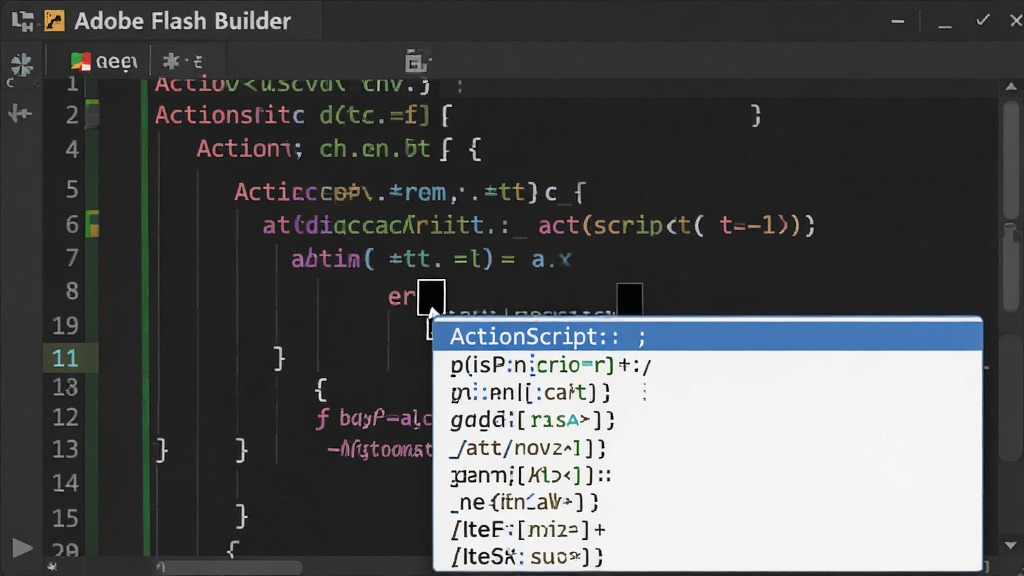 Adobe Flash Builder ���ܴ�����ʾ������ʾͼ������Ϊ��������༭������д����Ļ����ʾ ActionScript ����Ƭ�Σ�����·������Զ���ȫ�б����б��а�������������������������Ϊ��ɫ���⿪������дʵ���ϸ�ڰ����﷨������ɫ���кš������۵���ǣ�����Ϊ���� 2K���ɾ����޶���Ԫ��