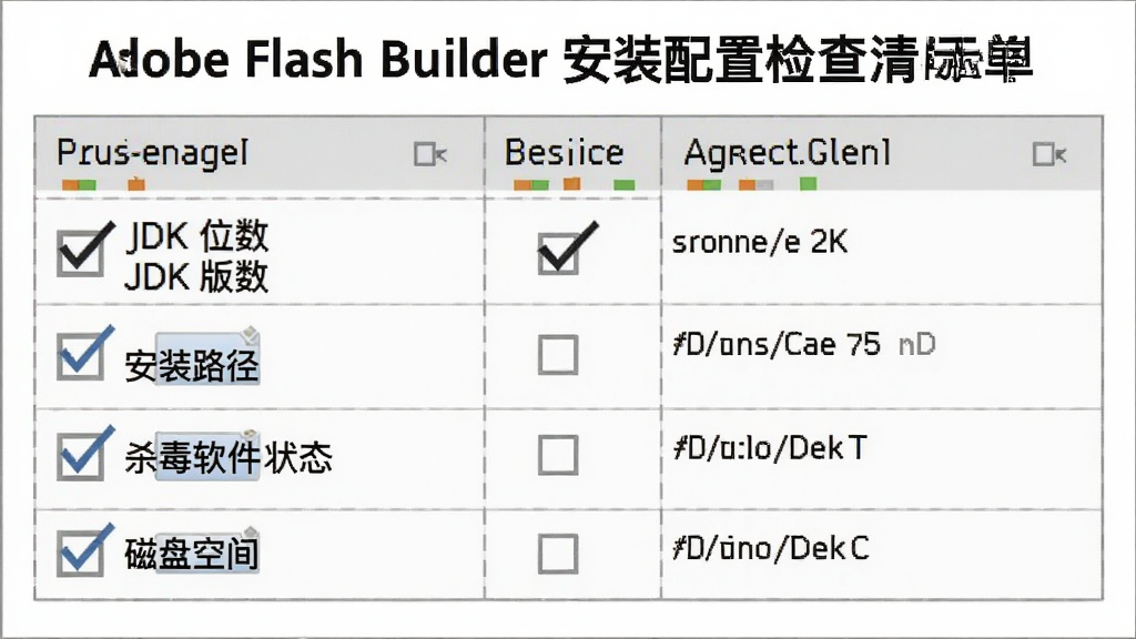 Adobe Flash Builder ��װ���ü���嵥ʾ��ͼ������Ϊһ�ź������еļ������������г�ϵͳ�汾��JDK λ������װ·����ɱ������״̬�����̿ռ�ȼ���ÿ��ǰ���й�ѡ�򣬷��Ϊ���칫�ĵ�дʵ���ϸ�ڰ������������ֱ�ǩ����ѡ��ǡ���ע��������Ϊ���� 2K���ɾ����޶���Ԫ��