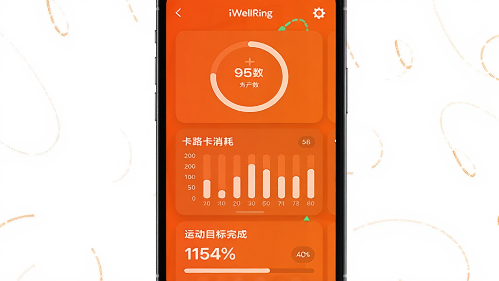 ������iWellRing�˶������Ǳ��̽��棬����Ϊ�ֻ���Ļ���У��Ű�Ϊ���濨Ƭʽ���֣����Ϊ������ɫ�˶����⣬ϸ�ڰ����������Ȼ�����·��������״ͼ���˶�Ŀ����ɰٷֱȣ���������������ɾ����޶���Ԫ�ء�