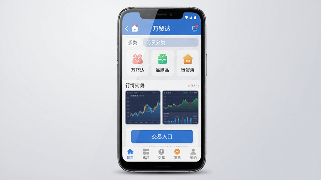 ��ó��app������չʾ������Ϊһ����׿�ֻ���Ļ����Ļ����ʾ��ó��Ӧ����ҳ��������Ʒ����ͼ�ꡢ��������ͼ�뽻����ڰ�ť������������Ϊ�������������в��������͵ײ��˵������Ű��������򣬷��Ϊ�ִ�����Ƽ��磬ϸ�����ֻ��߿�Բ����Ļ����΢���⣬����Ϊǳ��ɫ���䣬���ʸ��壬�ɾ����޶���Ԫ�ء�