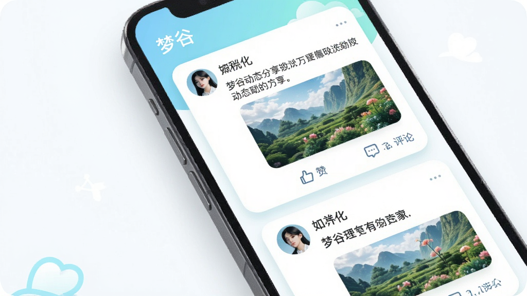 �ιȶ�̬�������ܽ��棬�ֻ���Ļ��ʾ��̬��Ϣ����ÿ����̬�����û�ͷ���ǳơ��������ݺ���ͼ���·��е��޺����۰�ť���������С��ιȡ�Ӧ�����ƣ����ֲ��ÿ�Ƭʽ��ƣ�����������죬ϸ�ڰ�����͵���Ӱ��Բ�Ǳ߿򣬻����������ɾ��޶���Ԫ��