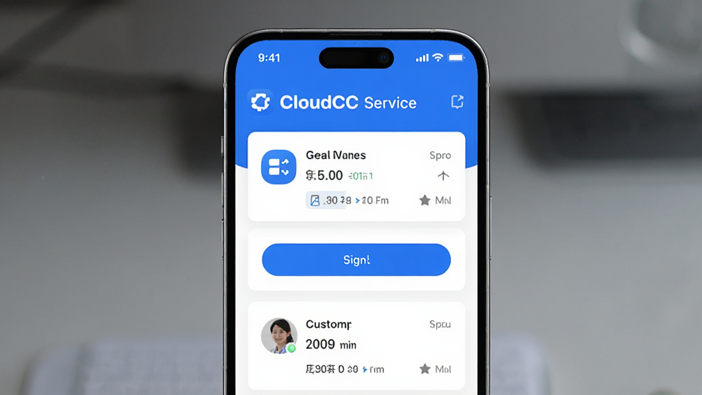 ������һ�������ֻ���Ļ��ʾ CloudCC Service Ӧ�ý��棬����Ϊ�����ֻ�����չʾ���Ű�Ϊ�Ϸ����������·������б���Ƭ�����Ϊ�ִ����Ƽ��磬ϸ�ڰ�����ɫ��ɫ��������ͼ�ꡢǩ����ť���ͻ���Ϣ��Ƭ�����������ɾ��޶���Ԫ��