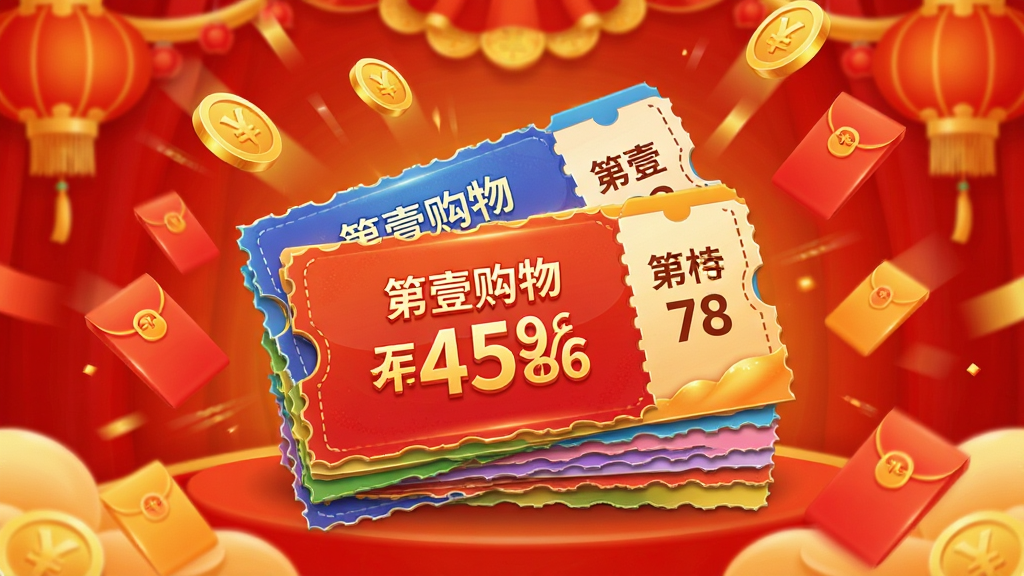 һ��չʾ�Ż�ȯ��ȡ�����ͼƬ������������һ��ɫ�����޵��Ż�ȯ��ȯ����ӡ�С���Ҽ����������ۿ����֣���Χ�н�Һͺ��Ʈ�䣬������ϲ��ĺ�ɫ���ɫ�����������Ŀ��ϸ�ھ��£����ʸɾ����޶���Ԫ��