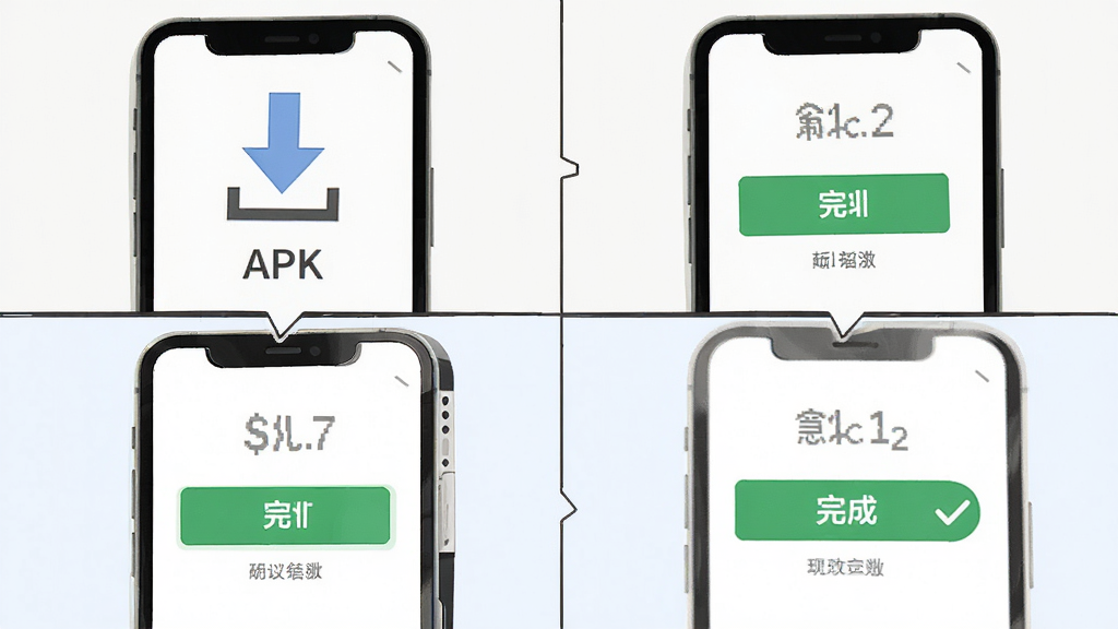 ����������װ�̳�ʾ��ͼ������չʾ�ֻ���Ļ������APK����װ��ɵĲ������̣�����Ϊ�ĸ�־������Ϊ��ƽ����ѧ�廭��ϸ�ڰ������ؼ�ͷ����װ��ť����ɶԹ�����������������ɾ����޶���Ԫ��