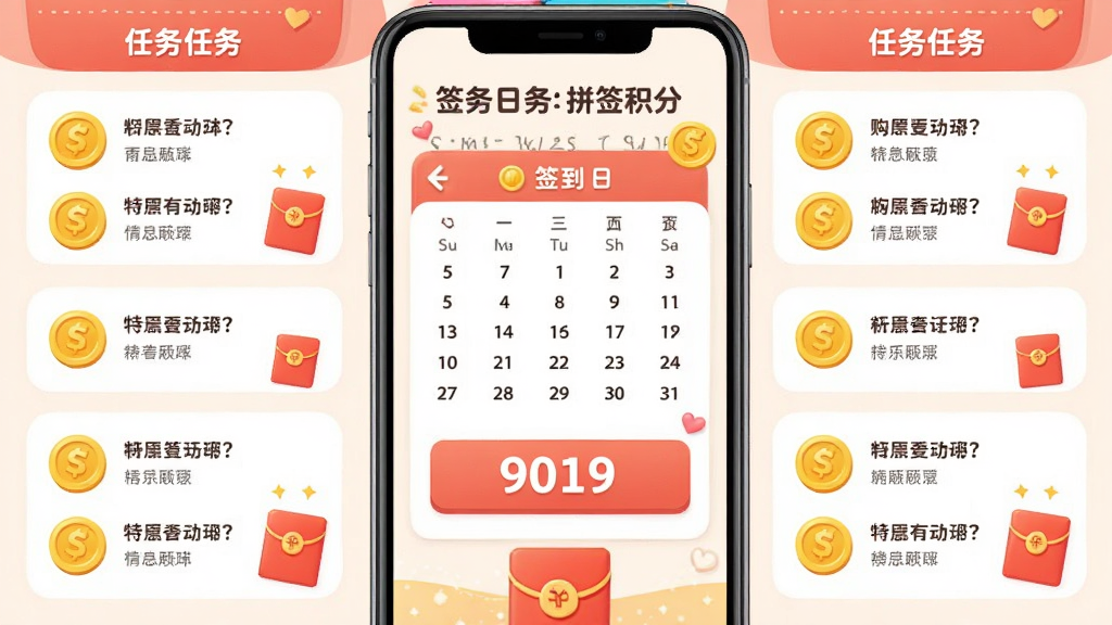 一张购物特价拼签到积分页面的手机截图,主体是手机屏幕,布局中间是签到日历和积分数字,四周环绕着任务列表,排版活泼,风格可爱亲切,细节包含金币图标和红包元素,画质清晰,干净,无多余元素