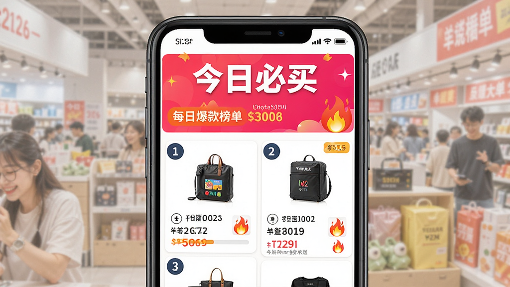 一张购物特价拼每日爆款榜单页面的预览图,主体是手机屏幕,布局上方是今日必买标题,下方是带有排名数字的商品列表,排版清晰,风格热闹促销感,细节包含销量进度条和火焰图标,画质高清,干净,无多余元素