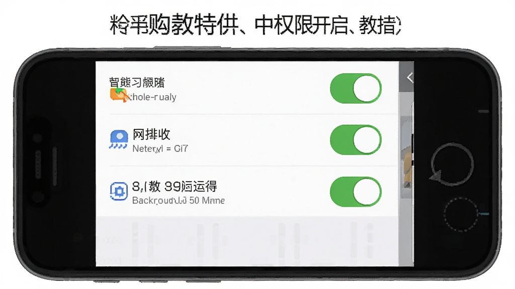 一张展示购物特价拼在手机设置中权限开启界面的示意图,主体是手机屏幕显示应用权限管理页面,布局清晰展示存储、网络、后台运行等开关选项,排版简洁,风格教学指引,细节包含高亮的开启按钮,画质清晰,干净,无多余元素