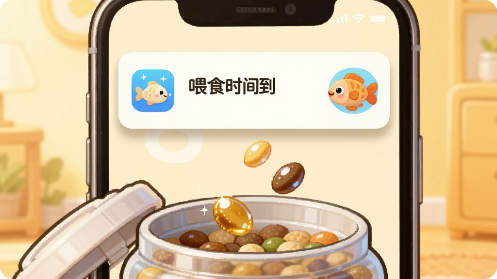 ��������һ���ֻ�����С����App��ιʳ����֪ͨ��֪ͨ��Ƭ��д�š�ιʳʱ�䵽�����Ա���һ��С��Ŀ�ͨͼ�꣬�ֻ��·���һ���򿪵���ʳ���ӣ�������ʳ�����ڿ��У�����Ϊ��ܰ��ů��ɫ�������Ϊ�ɰ���ͨ�廭��ϸ�����ֻ�֪ͨ������΢��Ӱ����ʳ�����й��󣬻��ʸ��壬�ɾ����޶���Ԫ��