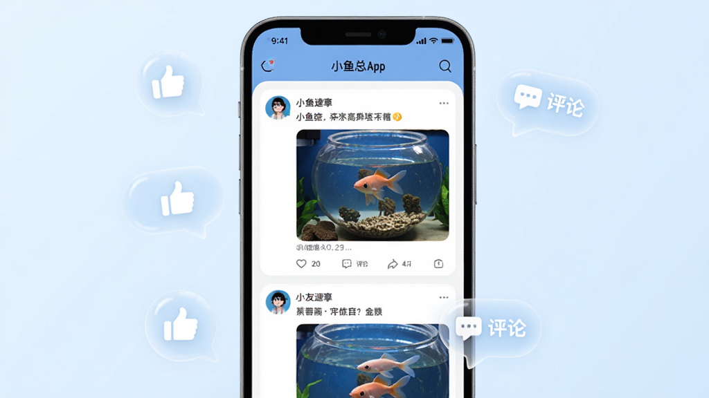 ��������һ���ֻ�չʾС����App������ҳ�棬ҳ�����ж������Ѷ�̬��ÿ����̬����С�����Ƭ�����֣��ֻ���ΧƯ���������޺����۵�����ͼ�꣬����Ϊ����ɫ�����Ϊ�罻Ӧ�ý���廭��ϸ���϶�̬��Ƭ��Բ�ǣ�������͸���У����ʸ��壬�ɾ����޶���Ԫ��