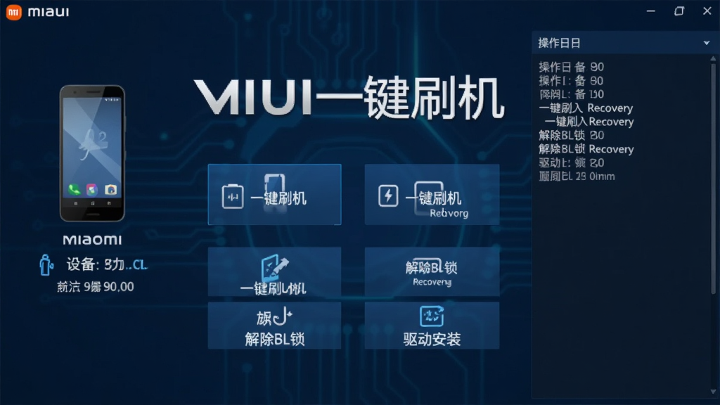 MIUIһ��ˢ�������������ͼ����������չʾ�������ơ�MIUIһ��ˢ�������ֱ��⣬�·�����һ��ˢ����һ��ˢ��Recovery�����BL����������װ�ĸ����ܰ�ť�������ʾ�����ӵ�С���ֻ�ͼ�����豸��Ϣ���Ҳ�Ϊ������־���ڣ������������ɫ�Ƽ���񣬲��ּ�����������ʸɾ��޶���Ԫ�أ��ʺ���������վչʾ