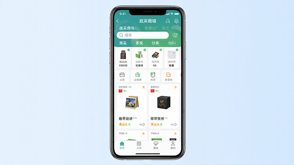 �����̳�Ӧ��������չʾͼ����������Ϊ�ֻ���Ļ��ʾ�����̳�APP��ҳ��������Ʒ���ർ�������������Ƽ���Ʒ��Ƭ�͵ײ��˵���������Ϊ��Լ��ǳ��ɫ���䣬�����������ϸ�����������ʸɾ����޶���Ԫ�أ��ʺ���Ϊ����ҳ��Ԥ��ͼ
