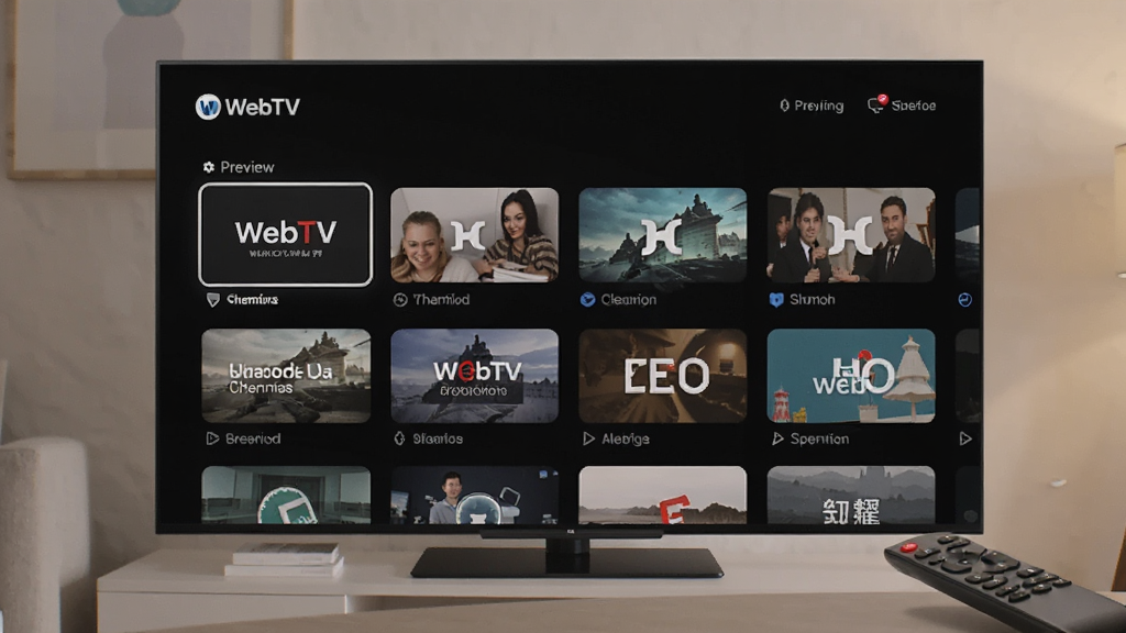 һ��չʾ WebTV �ڵ��Ӵ��������е�Ԥ��ͼ�������е�����Ļ��ʾ WebTV ��Ƶ���б����棬ң�������ڻ������½ǣ����峡��Ϊ��ͥ����������������ͣ�����������ͻ�������ۿ������ʸУ�����ɾ����࣬�޶���Ԫ�ء�
