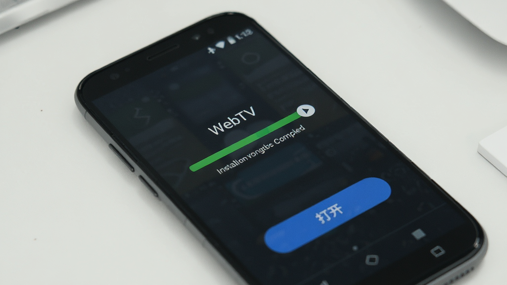һ��չʾ WebTV �ڰ�׿�ֻ��ϰ�װ��ɵ�Ԥ��ͼ���������ֻ���Ļ��ʾ��װ��������ɽ��棬�·��С��򿪡���ť������Ϊ����ǳɫ���棬������ɾ����£�ͻ����װ�ɹ�����ʾ��Ϣ�������޶���Ԫ�ء�
