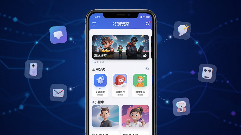 �ر����APP������չʾ�������������һ�������ֻ����ֻ���Ļ��ʾ�ر����Ӧ����ҳ����ҳ������Ϸ�Ƽ���Ӧ�÷��ࡢС������ڵ�ģ�顣����Ϊ����ɫ����Ƽ������Χ��׺������ͼ��Ԫ�ء����岼�ּ����������ñ�ƽ����Ʒ��ϸ�����������ʸɾ��������޶���Ԫ�ء�