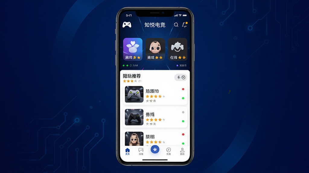 ֪�õ羺�ֻ�Ӧ��������չʾ������Ϊһ�����������ֻ�����Ļ����ʾ֪�õ羺APP��ҳ��������Ϸ����ͼ�ꡢ�����Ƽ��б���ײ������������־��ж��룬����Ϊ��������Ƽ����ϸ�ڰ�����Ϸ�ֱ�ͼ�ꡢ����״̬СԲ���������Ǳ꣬������ִ������ʸ��壬�ɾ����޶���Ԫ��