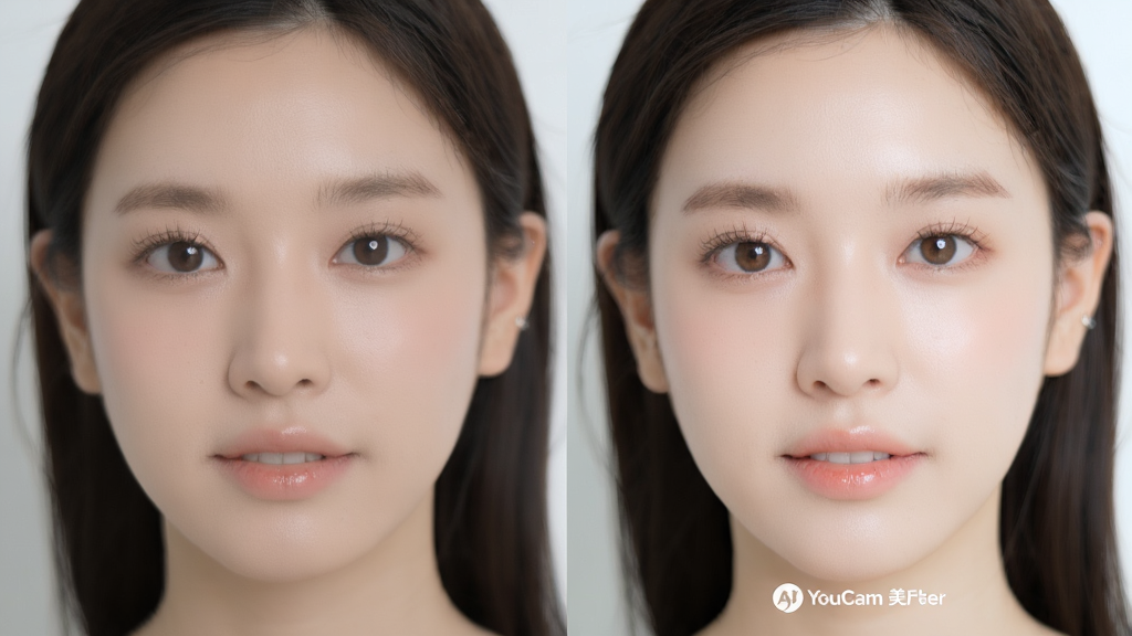 一张展示YouCam AI智能美颜功能的图片,画面主体是一位年轻女性的面部特写,左侧显示原图,右侧显示经过YouCam美颜处理后的效果,布局为左右对比式,排版简洁明了,风格为清新自然的人像摄影风格,细节包括细腻的皮肤质感、明亮的眼神光、自然的妆容,画质超清,画面干净,无多余元素