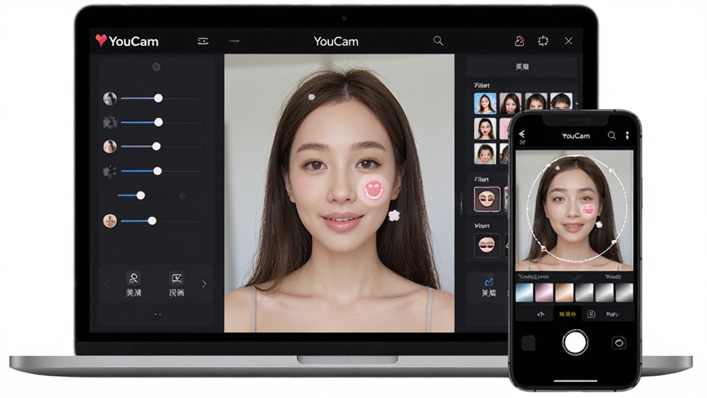 一张展示YouCam软件界面的全景图,画面主体是一台笔记本电脑与一部智能手机并排摆放,屏幕均显示YouCam相机编辑界面,界面中有一个人像照片正在进行美颜处理,布局采用居中对称式,排版清晰展示软件核心功能面板,风格为现代科技感与时尚感结合,细节包括软件Logo、美颜滑块、滤镜缩略图、妆容选项,画质高清,画面干净,无多余元素