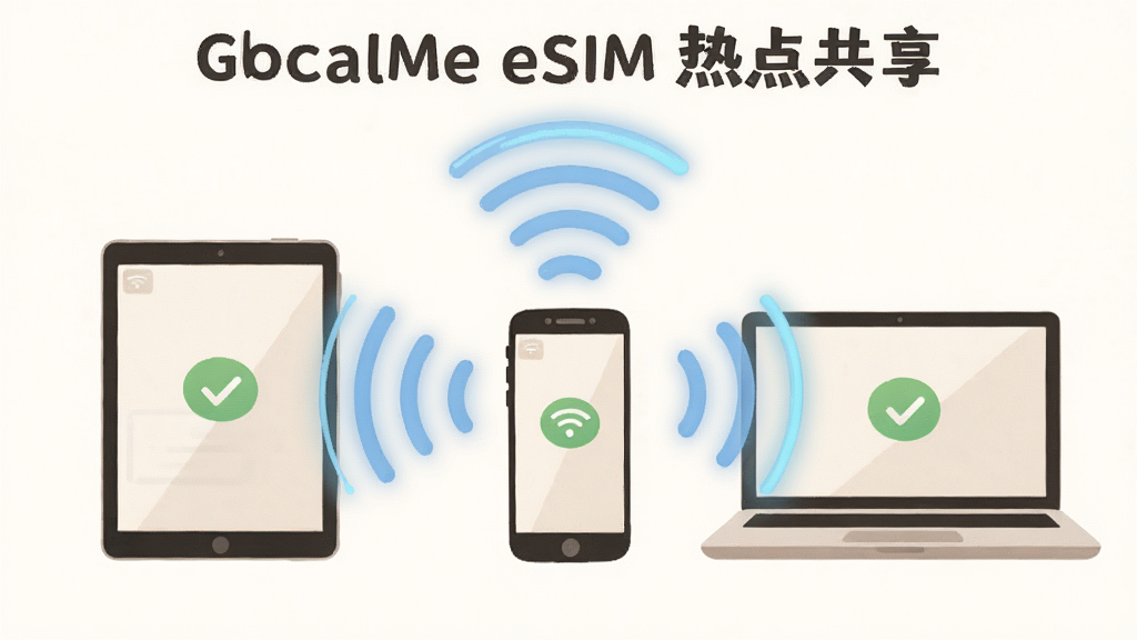 һ��չʾ GlocalMe eSIM �ȵ㹲�����ܵĲ廭������Ϊһ���ֻ������ Wi-Fi �źŲ��ƣ��������Աߵ�ƽ����ԺͱʼǱ����ԣ����ֲ������ǹ�ͼ���Ű����豸Χ���ֻ�չ�������Ϊ��ܰ�ı�ƽ���廭�磬ϸ�����źŲ��ƴ��е���ɫ���Σ��豸��Ļ��ʾ���ӳɹ���ͼ�꣬���ʸ��壬����ɾ����޶���Ԫ�أ�ͼƬ�д����֡�GlocalMe eSIM �ȵ㹲����