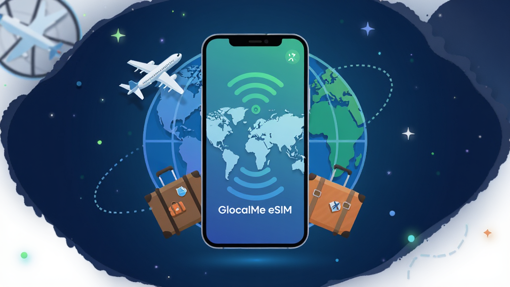 һ��չʾ GlocalMe eSIM ������������ֲ廭������Ϊһ�������ֻ������ڻ������룬�ֻ���Ļ��ʾȫ���ͼ�� eSIM �źŲ��ƣ���Χ�����ŷɻ��������䡢����γ�ߵ�����Ԫ�أ����ֲ������ĶԳƹ�ͼ���Ű��������򣬷��Ϊ�ִ���ƽ���Ƽ��磬ϸ�����ֻ���Ļ��������ɫ������󣬱���Ϊ����ɫ���䲢��׺΢�����ӣ����ʸ��壬����ɾ����޶���Ԫ�أ�ͼƬ�д����֡�GlocalMe eSIM��