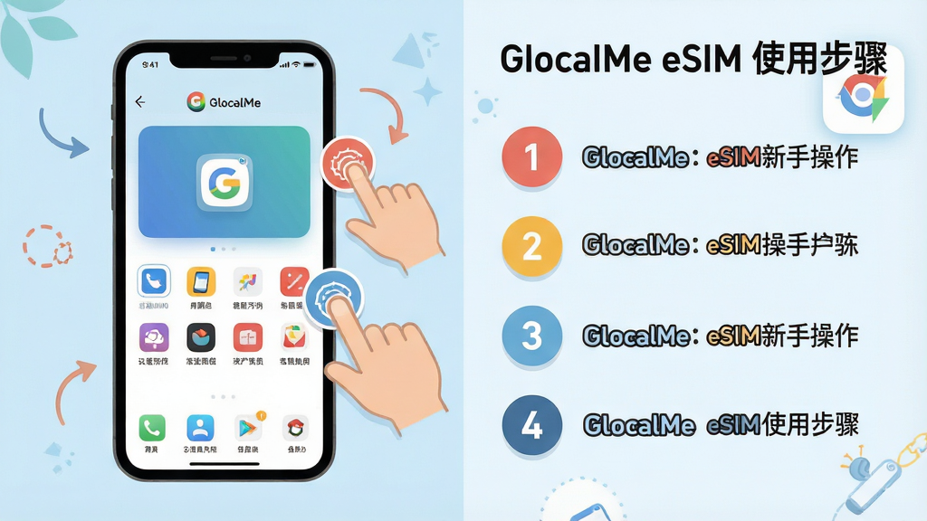 һ�� GlocalMe eSIM ���ֲ���ʾ��ͼ������Ϊ�ֻ���Ļ��ʾӦ�������棬�Աߴ�����ָ�����ͼ���벽����ţ����ֲ������ҷ��������Ϊ�ֻ����棬�Ҳ�Ϊ���ֱ�ע���裬�Ű����������Ϊ��ƽ����ѧ�廭��ϸ���ϲ������ʹ��Բ�β�ɫ��ǩ������Ϊ����ɫ�����ʸ��壬����ɾ����޶���Ԫ�أ�ͼƬ�д����֡�GlocalMe eSIM ʹ�ò��衱