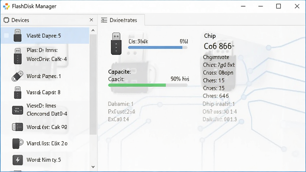 һ��չʾ FlashDisk Manager ���������ͼƬ������Ϊ���������ڣ�����Ϊ����豸�б����Ҳ���ϸ��Ϣ��壬�Ű��������������Ϊ�ִ���Լ�Ƽ��磬ϸ�ڰ���U��ͼ�ꡢ������������оƬ��Ϣ���֣����ʸ��壬�ɾ����޶���Ԫ��