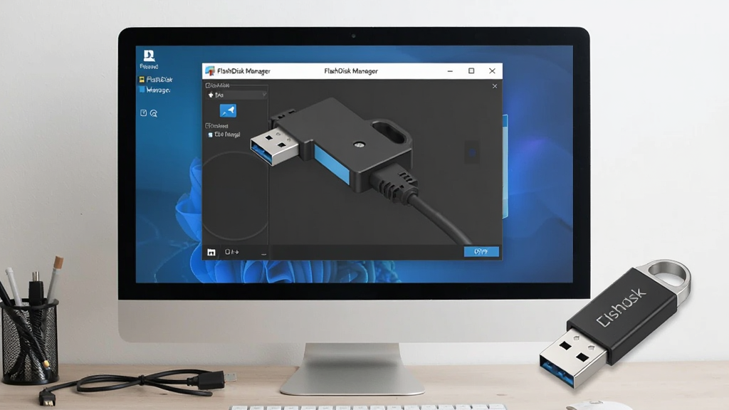 һ��չʾ FlashDisk Manager �ڵ����Ϲ���U�̵ĳ���ͼ������Ϊ������Ļ��ʾ�������棬����Ϊ��Ļ�����������ڡ��Ա߷���U��ʵ��Ű���Ȼ�����Ϊ�칫�Ƽ��磬ϸ�ڰ���USB�ӿڡ������ߡ����滷�������ʸ��壬�ɾ����޶���Ԫ��