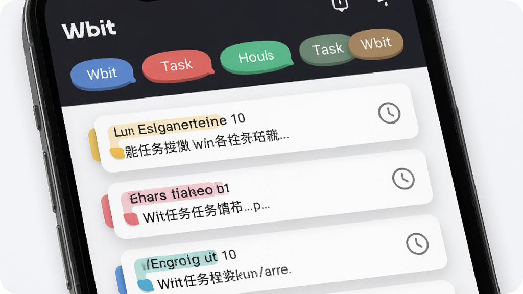 Wbit���������¼���ܽ��棬����չʾ�ֻ���Ļ�ж�������Ƭ���Զ����ൽ��ͬ��ɫ��ǩ�£���Ƭ�ϴ�������ժҪ��ʱ��ͼ�ꡣ���ֲ������½ṹ������Ϊ�����ǩ�����в�Ϊ�����б������Ϊ�ִ���Լ��ϸ���ϱ��ֱ�ǩɫ�������뿨Ƭ��Ӱ�����ʸ��壬�ɾ��޶���Ԫ�أ�ͼƬ�����ְ�����Wbit����