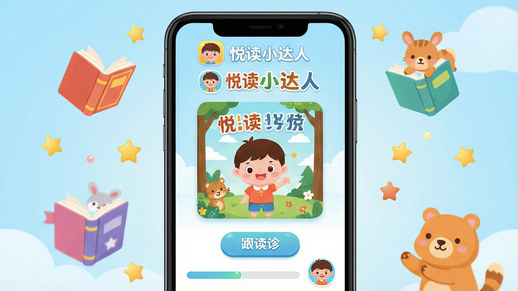 ����Ϊһ�������ֻ�����չʾ��ͯ�Ķ�Ӧ�ý��棬��Ļ������ʾ��ͨ���Ļ汾�����������ť����Χ����Ư���Ĳ�ɫ�鱾�����ǺͿ�ͨ�����ɫ�����ֲ������ľ۽�ʽ������Ϊ��͵�ǳ��ɫ���䡣�Ű���Ӧ��ͼ�������֡��ö�С���ˡ����ڻ��涥�������Ϊ��ƽ����ͨ�廭��ϸ�ڰ���Բ���UI��ť�����õ����塢�Ķ��������Ͷ�ͯͷ�񡣻���Ҫ����塢�ɾ����޶���Ԫ�أ�����������ܰ���ʺϽ�����Ӧ������ͼ��