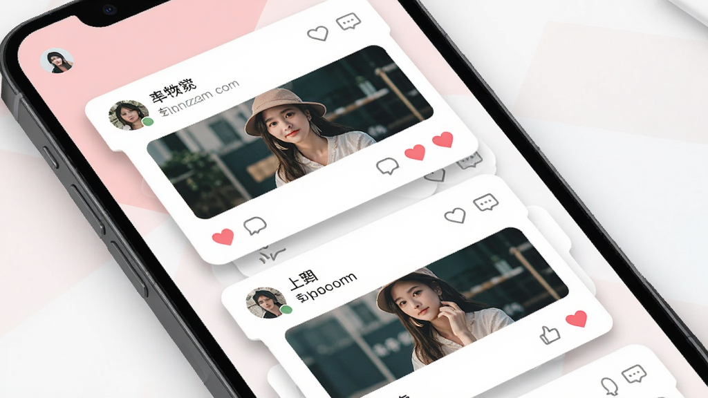 ��������������̬�㳡���棬����Ϊ�ֻ���Ļ��ʾ�ٲ�����̬��Ƭ��ÿ�ſ�Ƭ���û�ͷ���ǳơ���̬ͼƬ�͵�������ͼ�꣬����Ϊ����ɫ���ɫ���������Ϊ�����罻�磬ϸ�ڰ�����Ƭ��Ӱ�����ް��ĸ������������ݣ������������ɾ����޶���Ԫ��