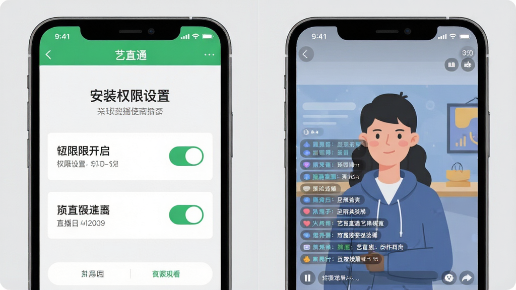 ��ֱͨ�ƶ���ʹ��ָ��ʾ��ͼ������չʾһ���ֻ���Ļ����Ļ��Ϊ��ֱͨAPP�İ�װȨ������ҳ����ֱ���ۿ����沢�ŶԱȣ����ΪȨ�޿�����ʾ���Ҳ�Ϊֱ�����棬����Ϊ���ҷ��������Ϊ��ƽ���̳̲�ͼ��ϸ�ڰ���Ȩ�޿���Ϊ��ɫ��ֱ�������е�ĻƮ��������Ϊǳ��ɫ�������������ɾ����޶���Ԫ��
