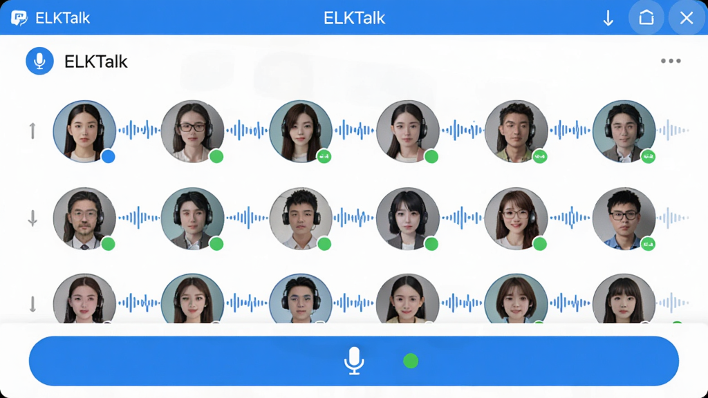 ����ΪELKTalkӦ���ڵ�ʵʱ�����Խ����棬չʾƵ���ڶ����Աͷ�����������ƶ���������Ϊ���½ṹ���Ϸ���Ƶ�����ƣ��в��ǳ�Ա�б����ײ���ͨ����ť���Ű����������ơ�ELKTalk�������ڶ�������������������죬����ɫ�Ͱ�ɫΪ����ϸ�ڰ�����̬��������˷�ͼ��������״̬Բ�㣻�����������ɾ����޶���Ԫ��