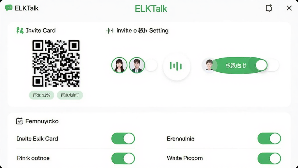 ����ΪELKTalk�ĳ�Ա������Ȩ�����ý��棬չʾ��ά�����뿨Ƭ��Ȩ�޿����б�������Ϊ���·������Ϸ������뷽ʽѡ��·���Ȩ�޿��ƿ��أ��Ű����������ơ�ELKTalk��������ҳ�����λ�ã����Ϊ���¼�Լ����ɫ����������ɫ��׺��ϸ�ڰ�����ά��ͼ�������ذ�ť���ɫ��ǩ�������������ɾ����޶���Ԫ��