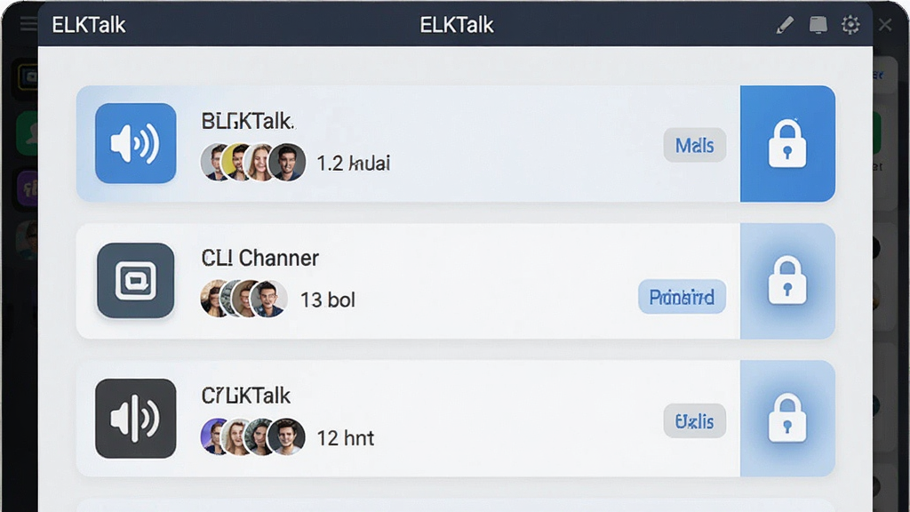 ����ΪELKTalk�Ķ�Ƶ���������棬չʾ���Ƶ����Ƭ�������У�����Ϊ�б�ʽ��ÿ����Ƭ����Ƶ�����ơ���Ա����������ͼ�ꣻ�Ű����������ơ�ELKTalk��������ҳ�涥�������Ϊ��ƽ����ƣ�ǳ�ұ���������ɫǿ��ɫ��ϸ�ڰ���Ƶ��ͼ�ꡢ��Աͷ��ѵ���Ȩ�ޱ�ǩ�������������ɾ����޶���Ԫ��