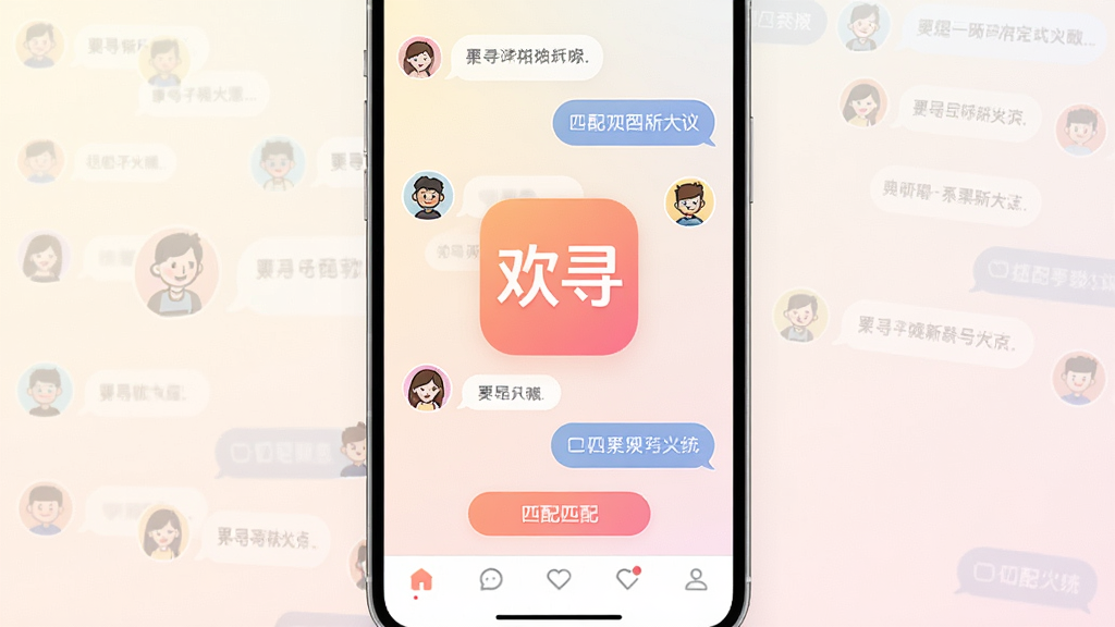 һ��չʾ�罻Ӧ����������ֻ���Ļ��ͼ�����������ǡ���Ѱ��App��ͼ������ƣ�ͼ�������ů�ȷ۽���ɫ������Χ�����Ŷ����ͨ�����û�ͷ�����ݣ���������͵�ǳɫ���䣬���岼��Ϊ���й�ͼ��������ִ���ϸ�ڰ����������ݡ�ƥ�䰴ť�͵ײ��������������������ɾ����޶���Ԫ��